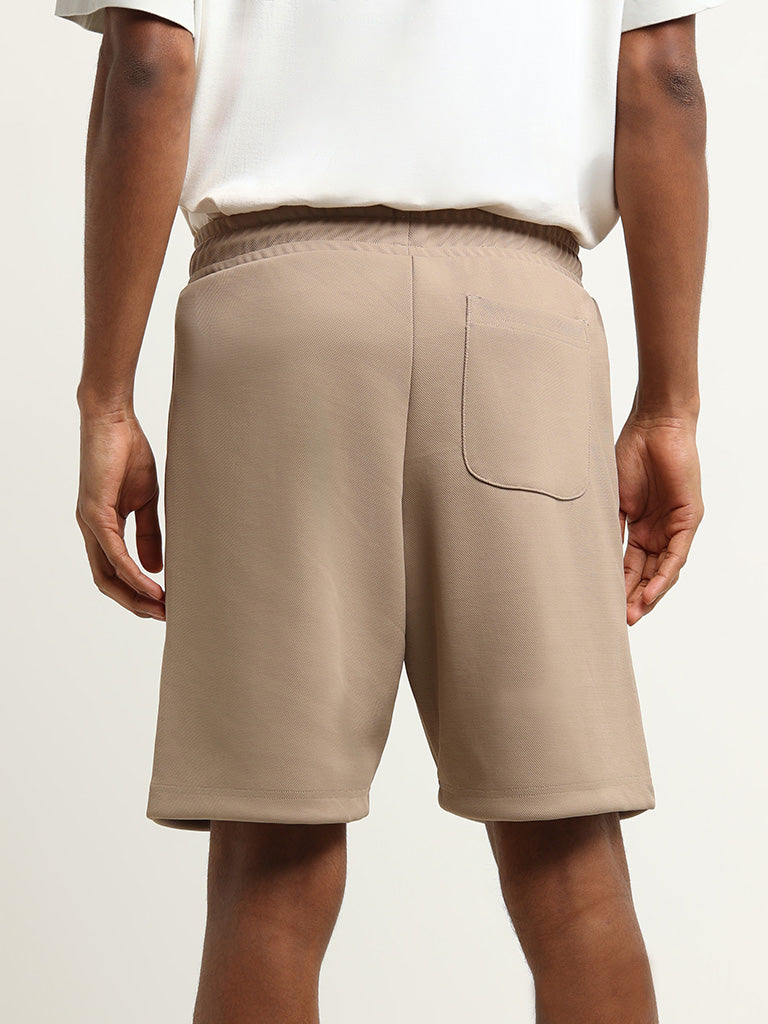 Studiofit Beige Solid Mid Rise Relaxed Fit Shorts
