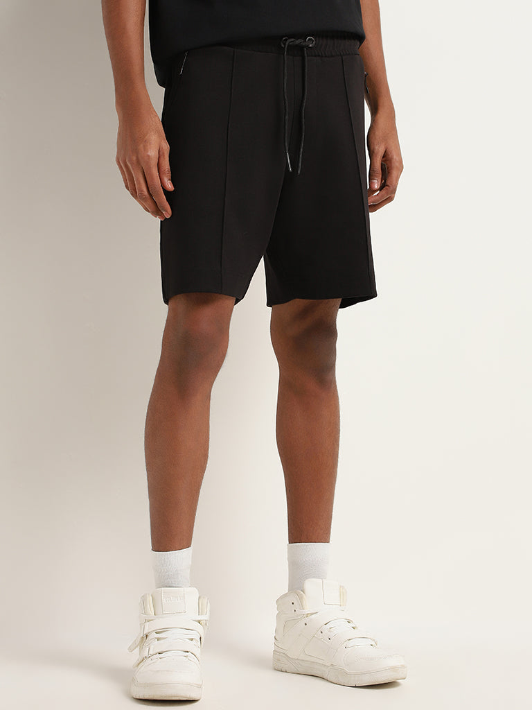 Studiofit Black Solid Mid Rise Cotton Blend Relaxed Fit Shorts