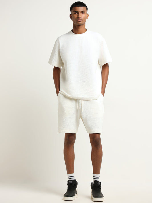 Studiofit Off-White Ribbed Textured Mid Rise Relaxed Fit Shorts