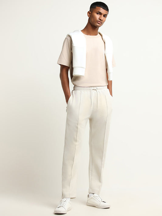 Studiofit Off-White Front-Seam Mid Rise Cotton Blend Relaxed Fit Track Pants