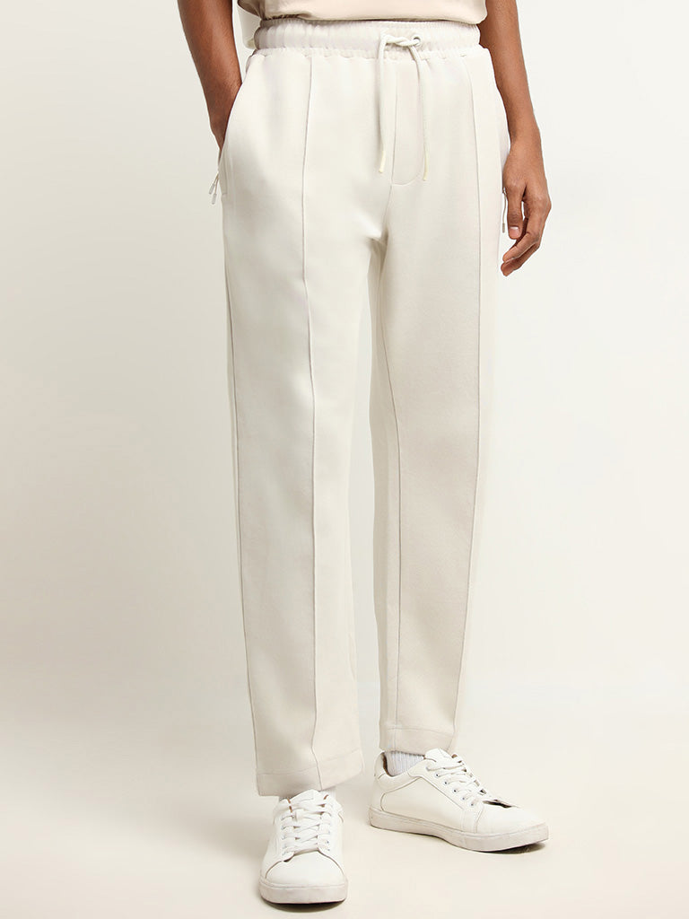 Studiofit Off-White Front-Seam Mid Rise Relaxed Fit Track Pants