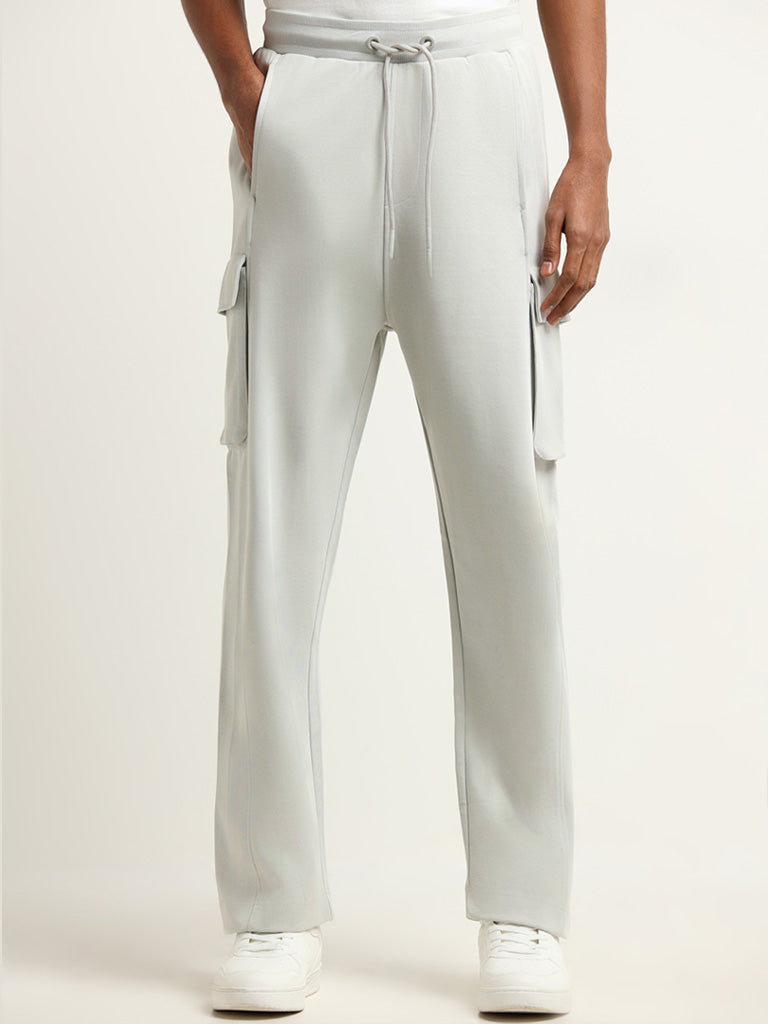 Studiofit Grey Mid Rise Cotton Blend Straight Fit Cargo Pants