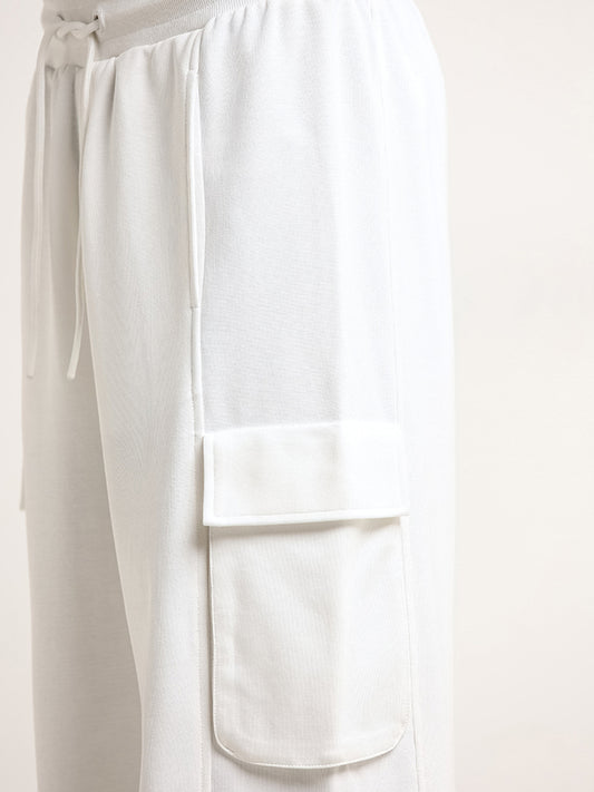Studiofit White Mid Rise Cotton Blend Straight Fit Cargo Pants