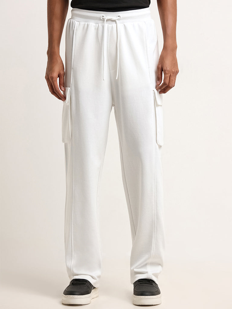 Studiofit White Mid Rise Cotton Blend Straight Fit Cargo Pants