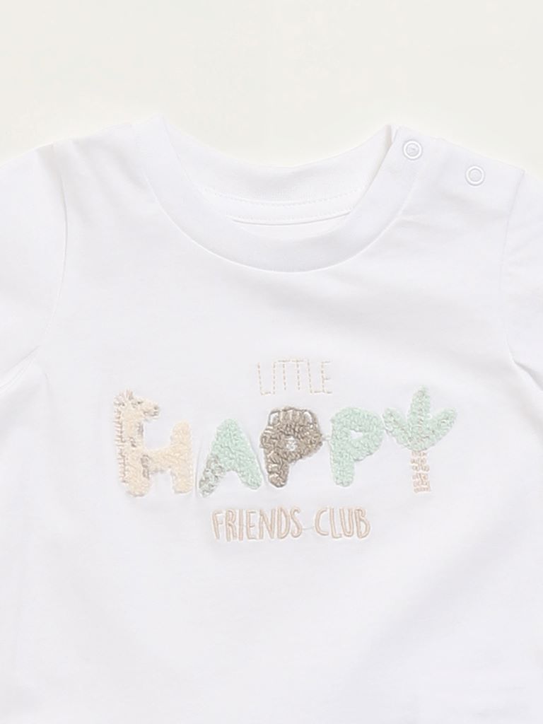 HOP Baby White Embroidered T-Shirt with Pants Set