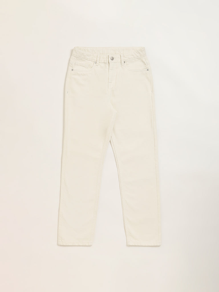 Y&F Kids Cream Straight Fit Mid Rise Denim Jeans