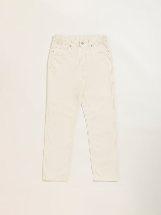 Y&F Kids Cream Straight Fit Mid Rise Denim Jeans