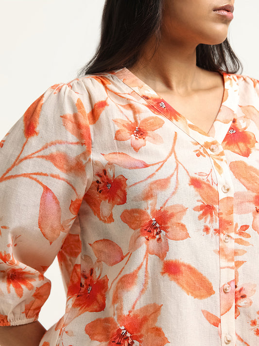 Gia Orange Floral Print Blended Linen Shirt