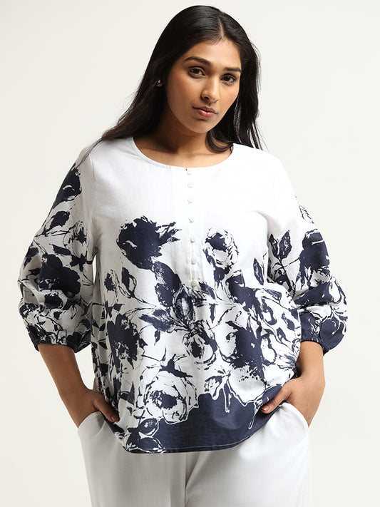 Gia White Abstract Relaxed-Fit Blended Linen Top