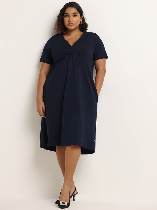 Gia Navy Solid Cotton A-Line Dress