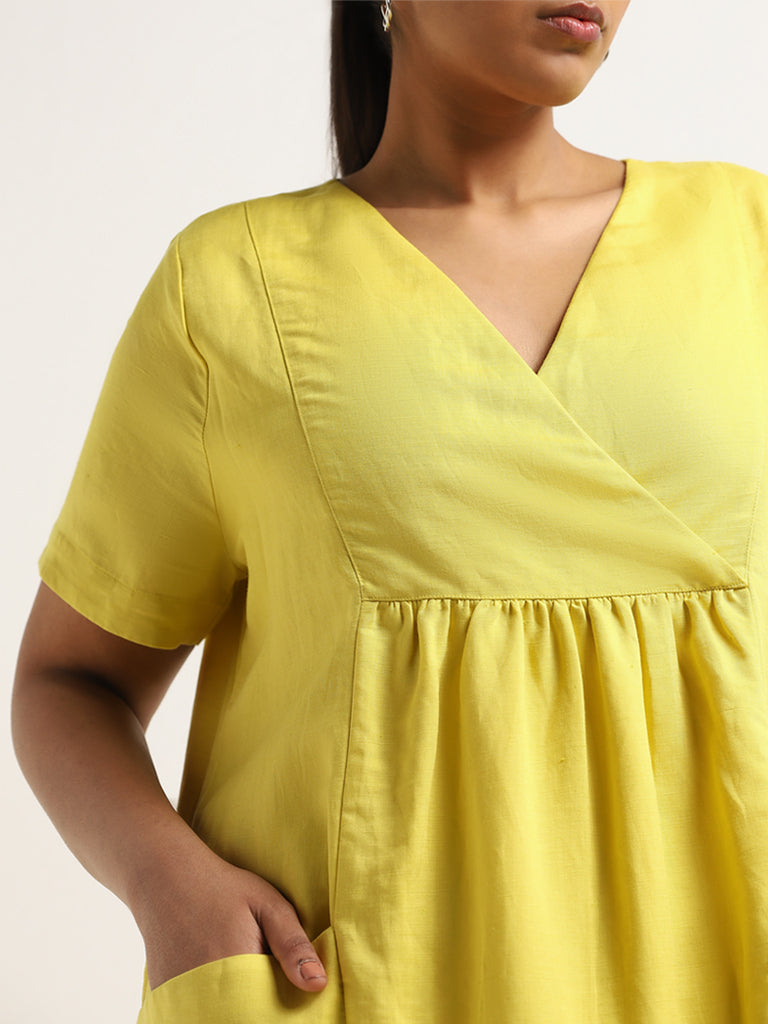 Gia Yellow Knee-Length Blended Linen A-Line Dress