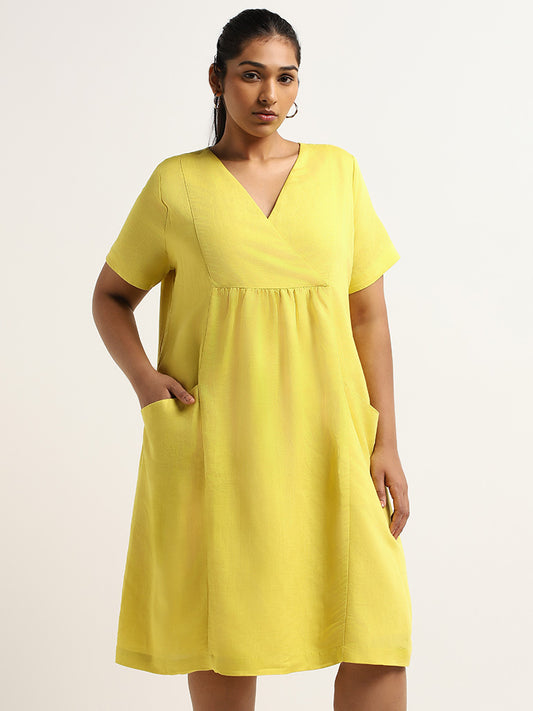 Gia Yellow Knee-Length Blended Linen A-Line Dress