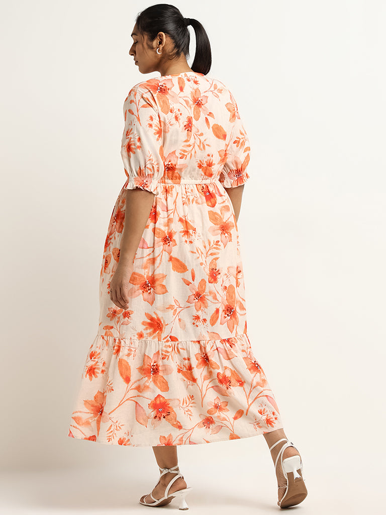 Gia Orange Floral Print Blended Linen Maxi Dress