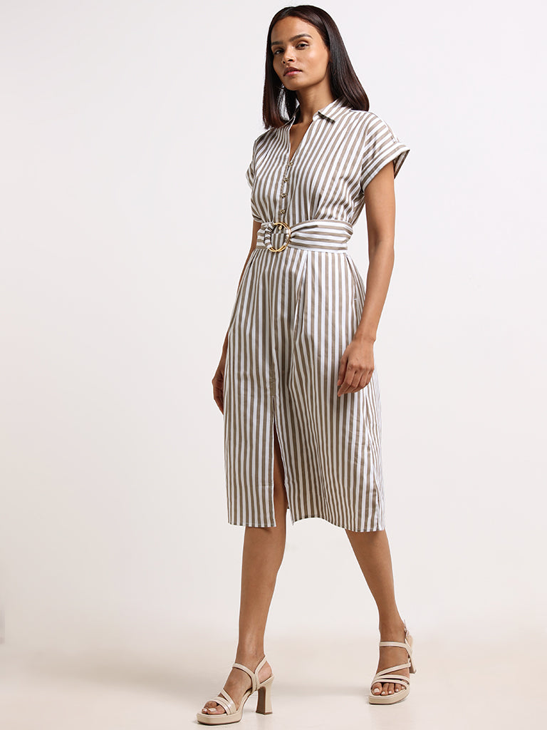 Wardrobe Taupe Striped Cotton A-Line Dress