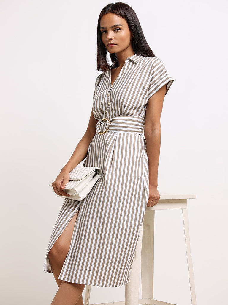Wardrobe Taupe Striped Cotton A-Line Dress