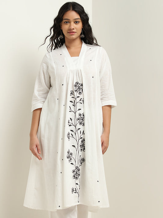Diza White A-Line Embroidered Cotton Kurta
