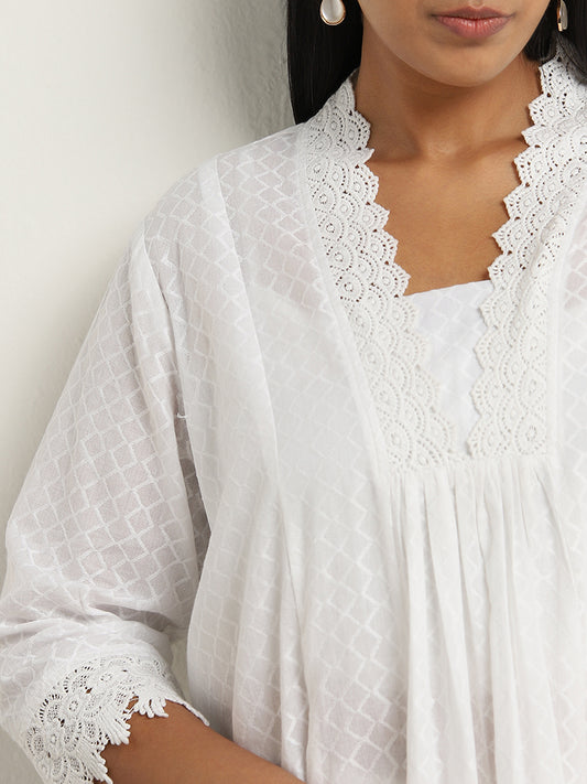 Diza White Crochet Detailed A-line Cotton Kurta