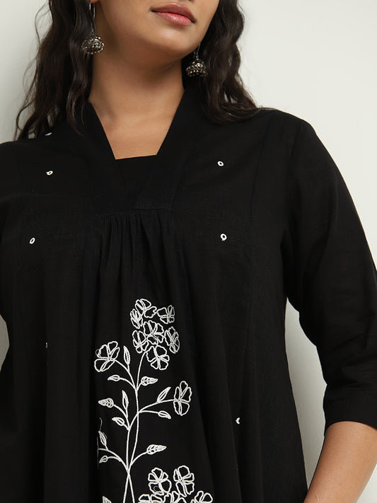 Diza Black A-Line Embroidered Cotton Kurta