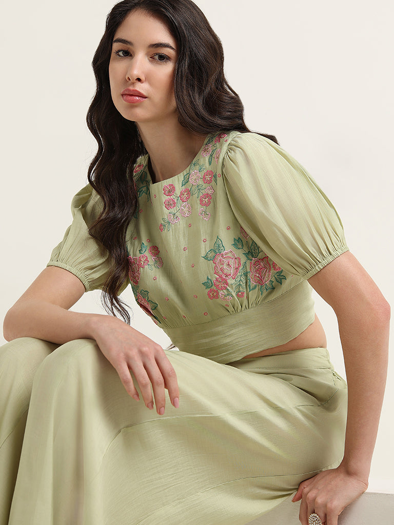 Vark Green Floral Embroidered Crop Top & Palazzos Set