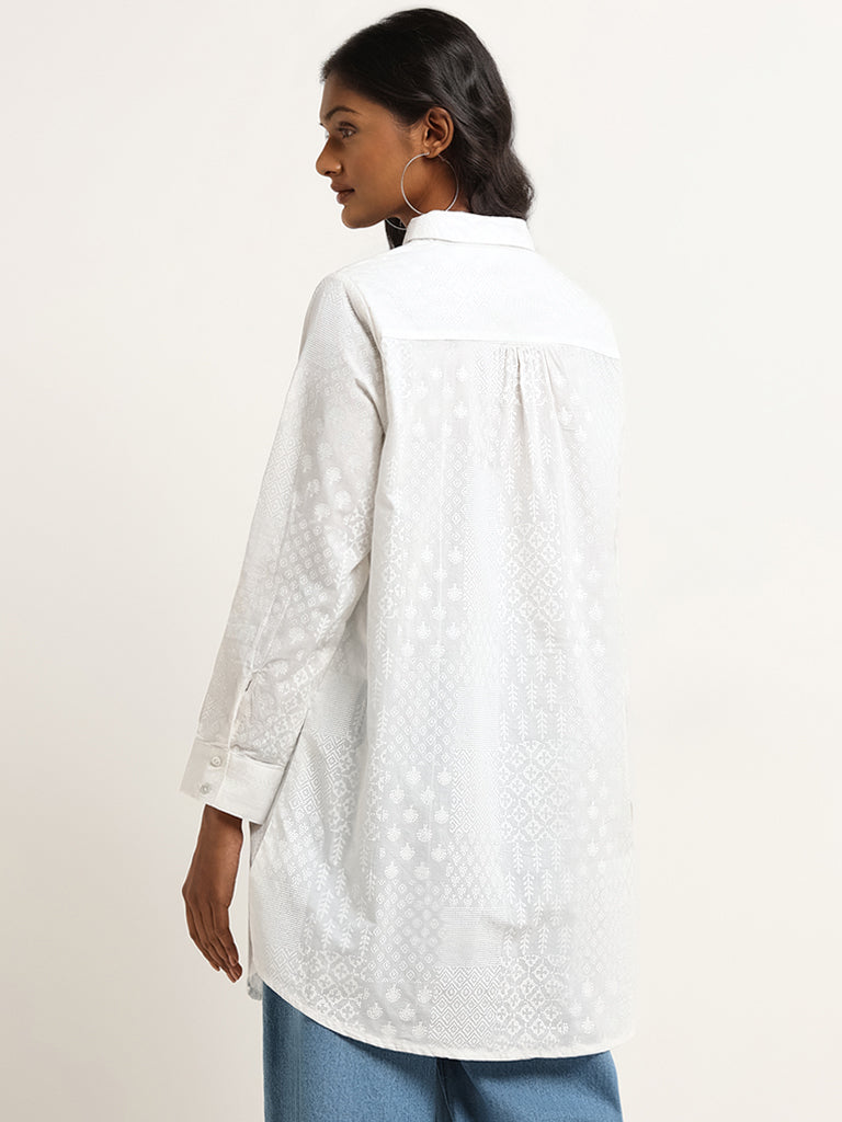 Utsa White Patch-work Print Cotton Tunic