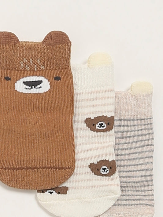 HOP Baby Brown Assorted Bear-Themed Socks - Pack of 3