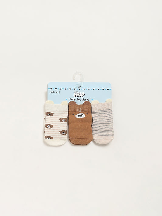 HOP Baby Brown Assorted Bear-Themed Socks - Pack of 3