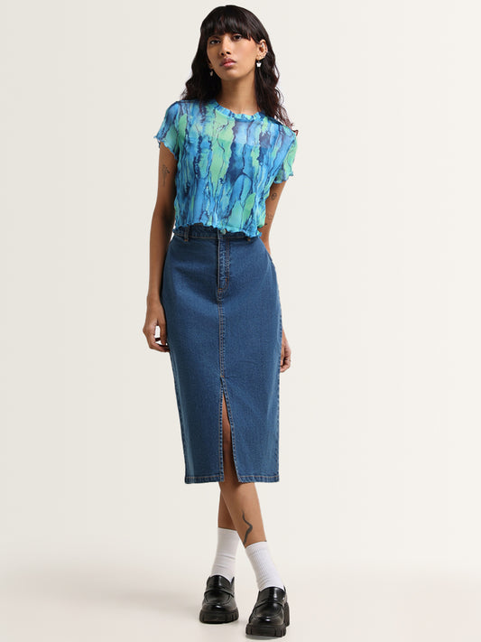 Nuon Blue Abstract Printed Crop Top