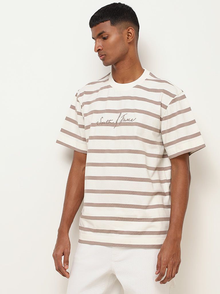 Nuon White Striped Relaxed Fit T-Shirt