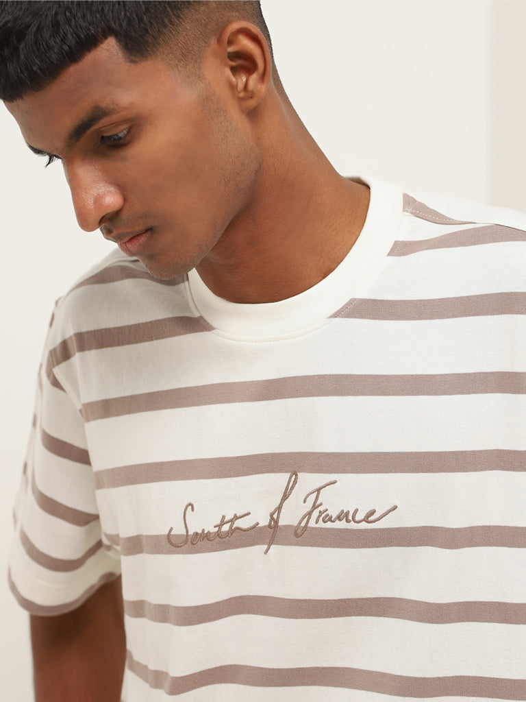 Nuon White Striped Cotton Relaxed Fit T-Shirt