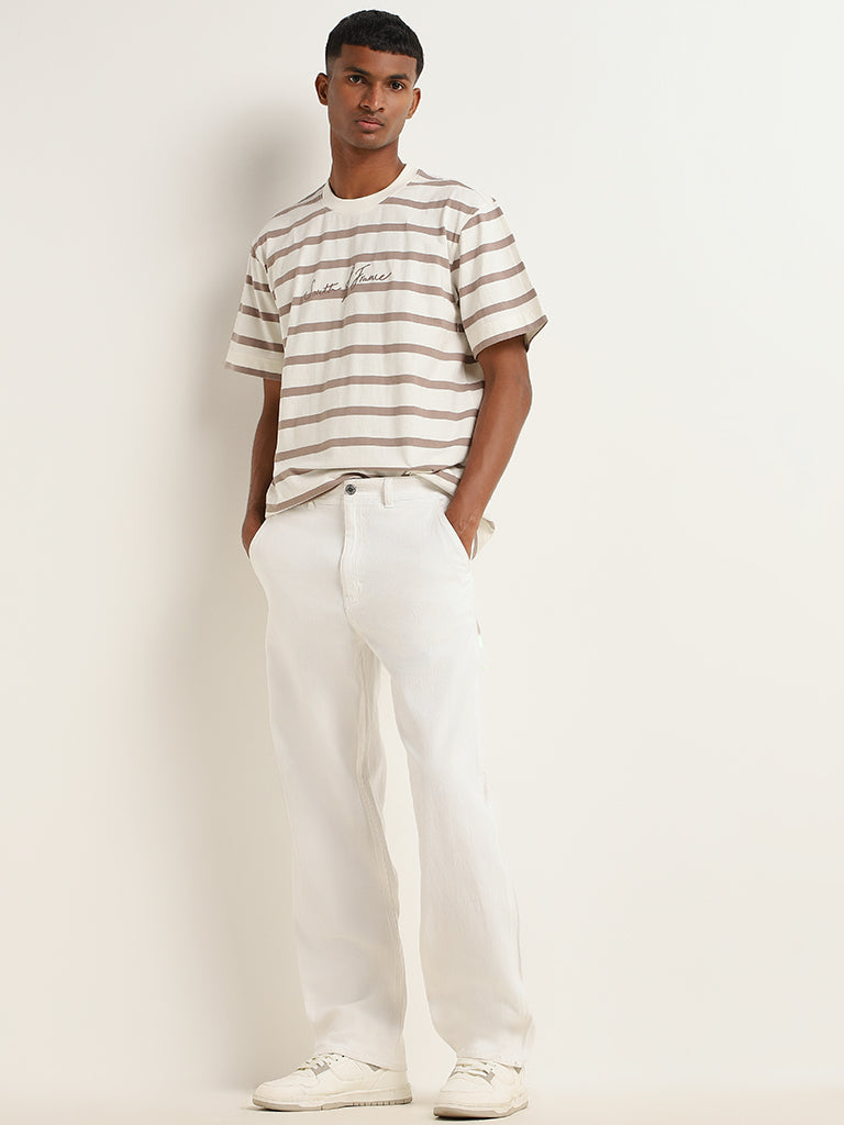 Nuon White Striped Relaxed Fit T-Shirt