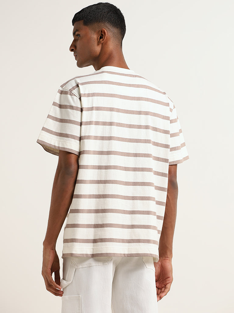 Nuon White Striped Cotton Relaxed Fit T-Shirt