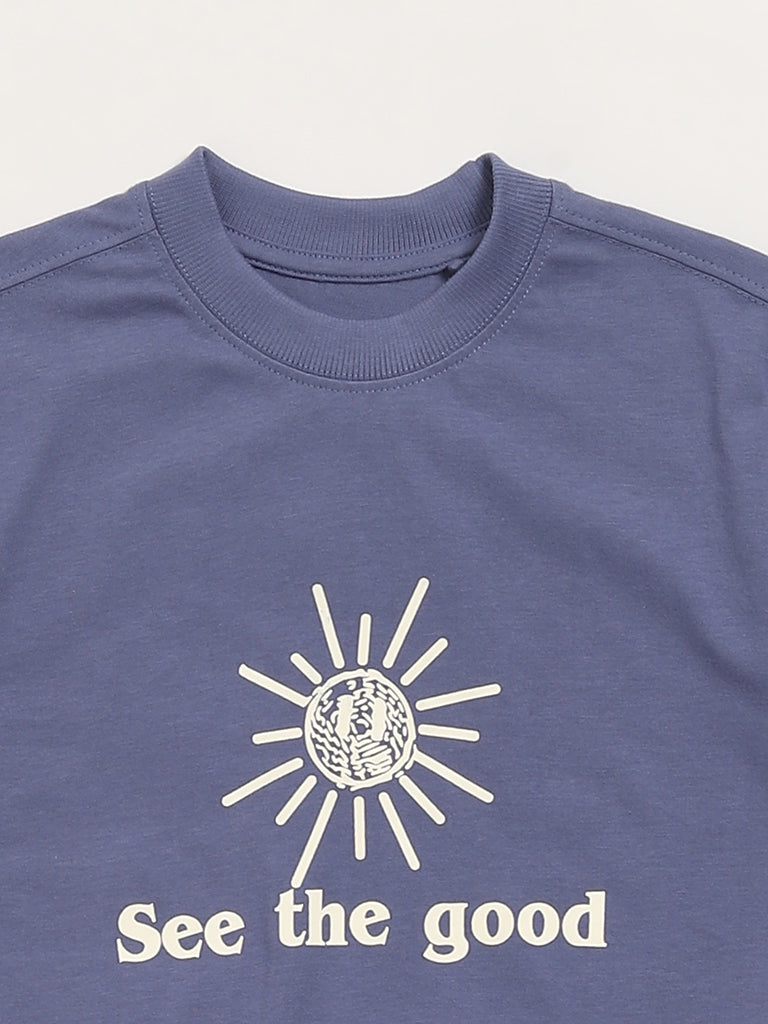 Y&F Kids Blue Typographic Printed T-Shirt