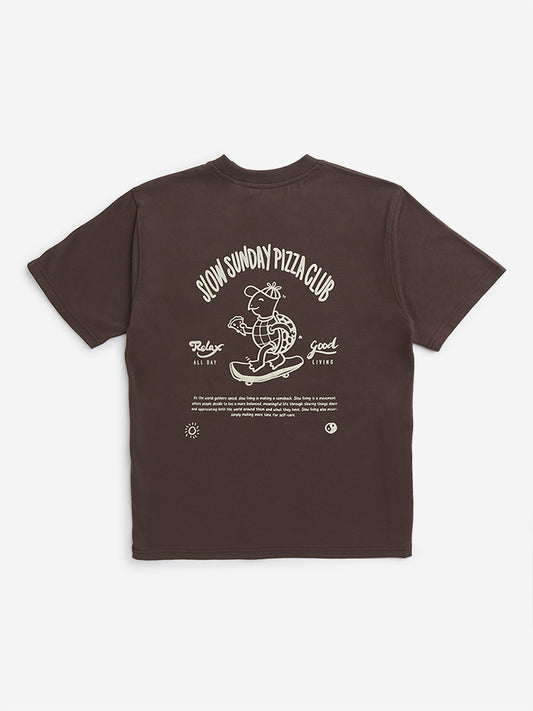 Y&F Kids Dark Brown Text Design T-Shirt
