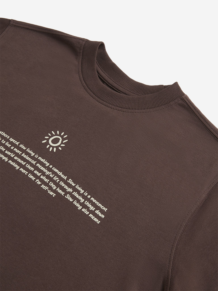 Y&F Kids Dark Brown Text Design T-Shirt