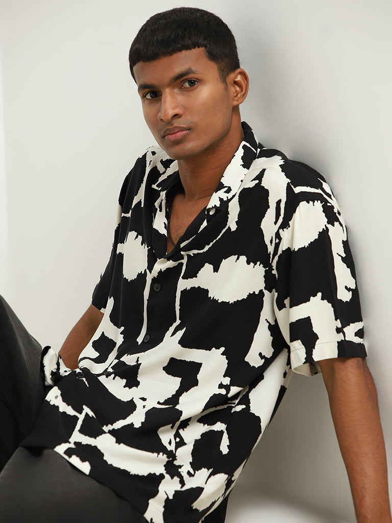 Nuon Black Monochrome Abstract-Print Relaxed Fit Shirt