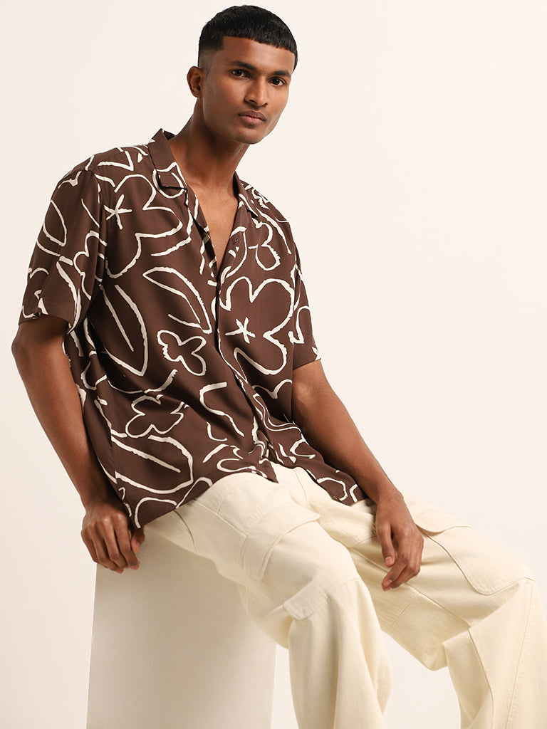 Nuon Brown Printed Cotton Relaxed-Fit Shirt