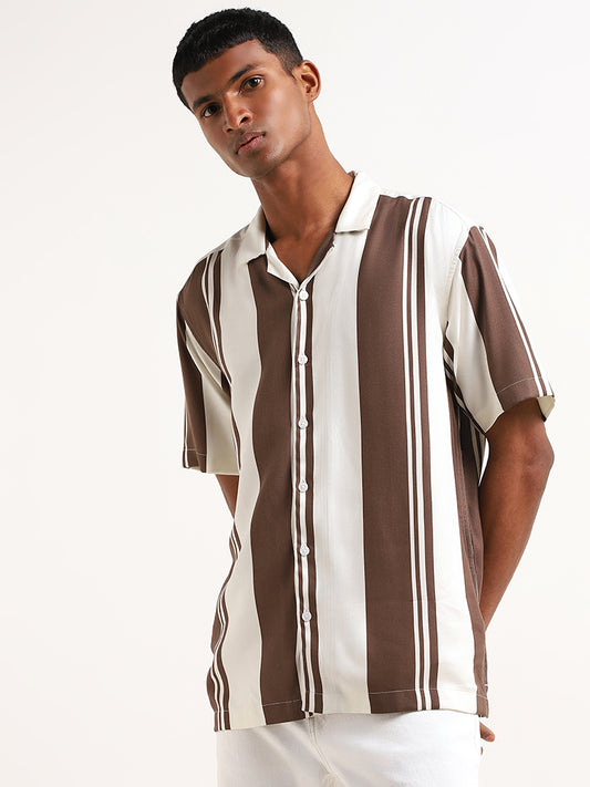 Nuon Brown Striped Relaxed-Fit Shirt