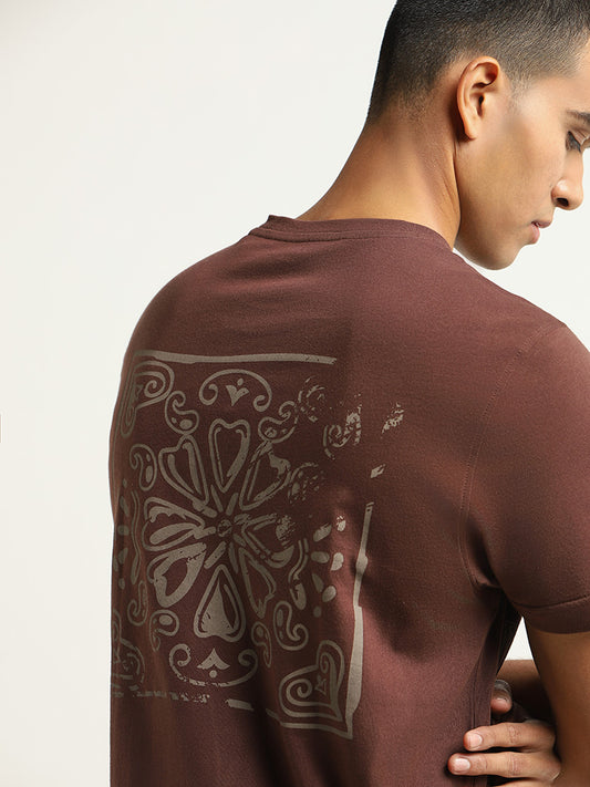 Nuon Brown Embroidered Cotton Slim Fit T-Shirt