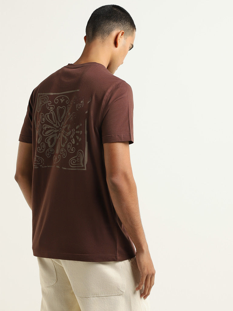 Nuon Brown Embroidered Cotton Slim Fit T-Shirt