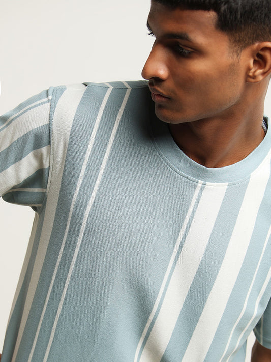 Nuon Blue Striped Cotton Blend Slim Fit T-Shirt