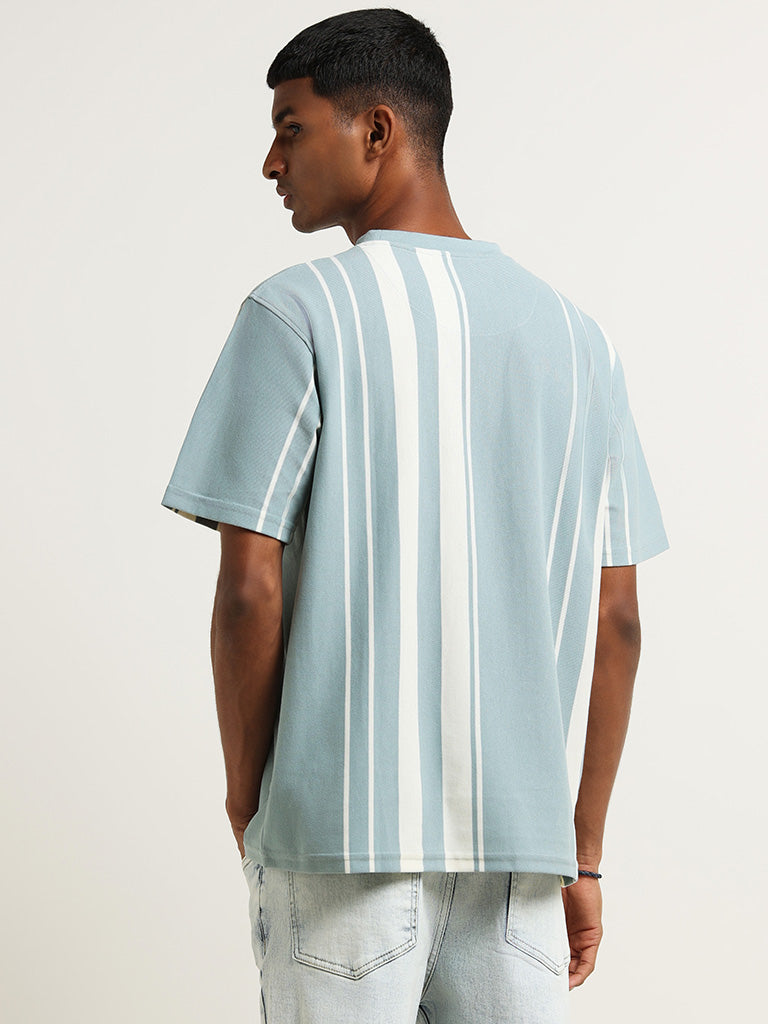 Nuon Blue Striped Cotton Blend Slim Fit T-Shirt
