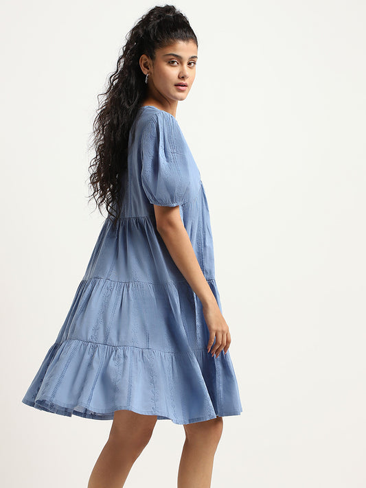 Bombay Paisley Blue Embroidered Cotton Tiered Dress