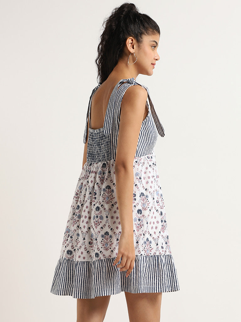 Bombay Paisley White Printed Tie-Shoulder Tiered Dress