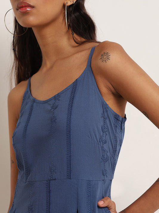 Bombay Paisley Blue Strappy Embroidered Cotton Jumpsuit