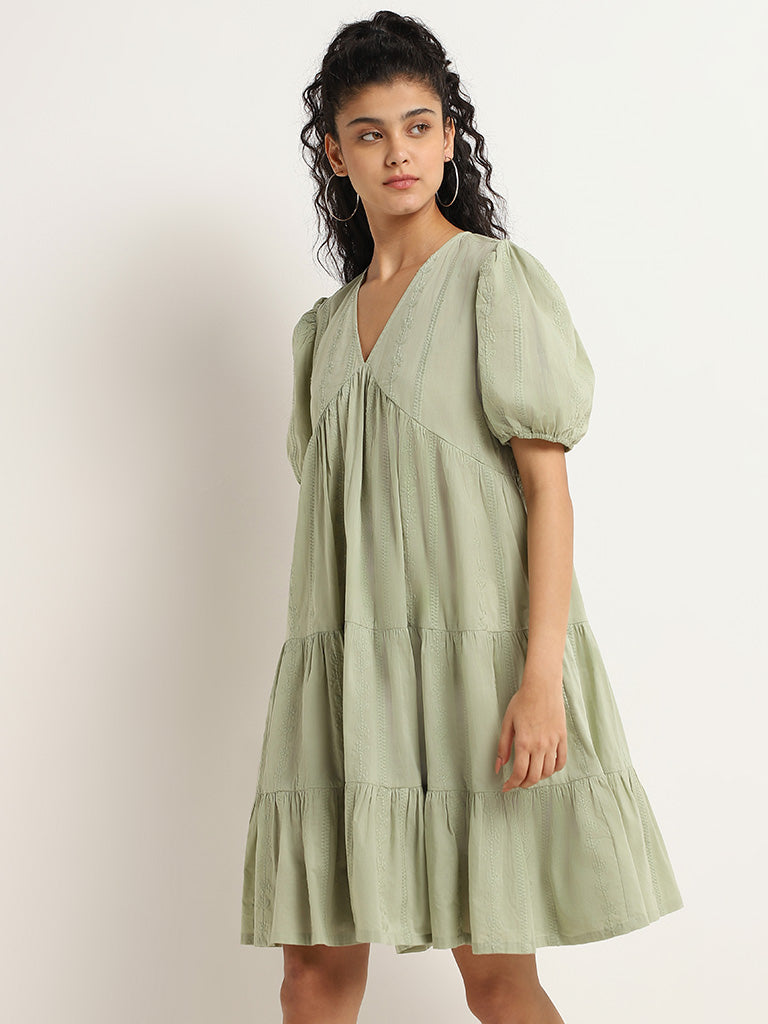 Bombay Paisley Green Embroidered Cotton Tiered Dress