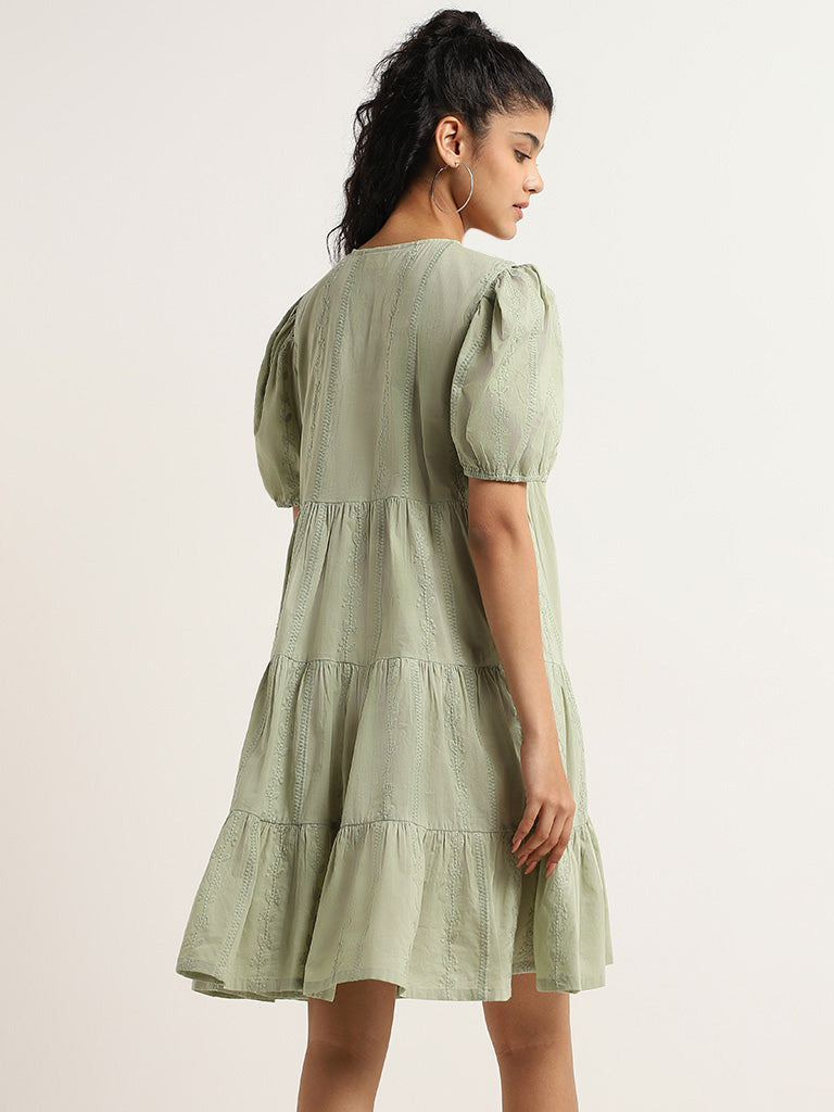 Bombay Paisley Green Embroidered Tiered Dress
