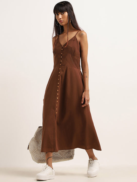 Bombay Paisley Brown Embroidered A-Line Dress