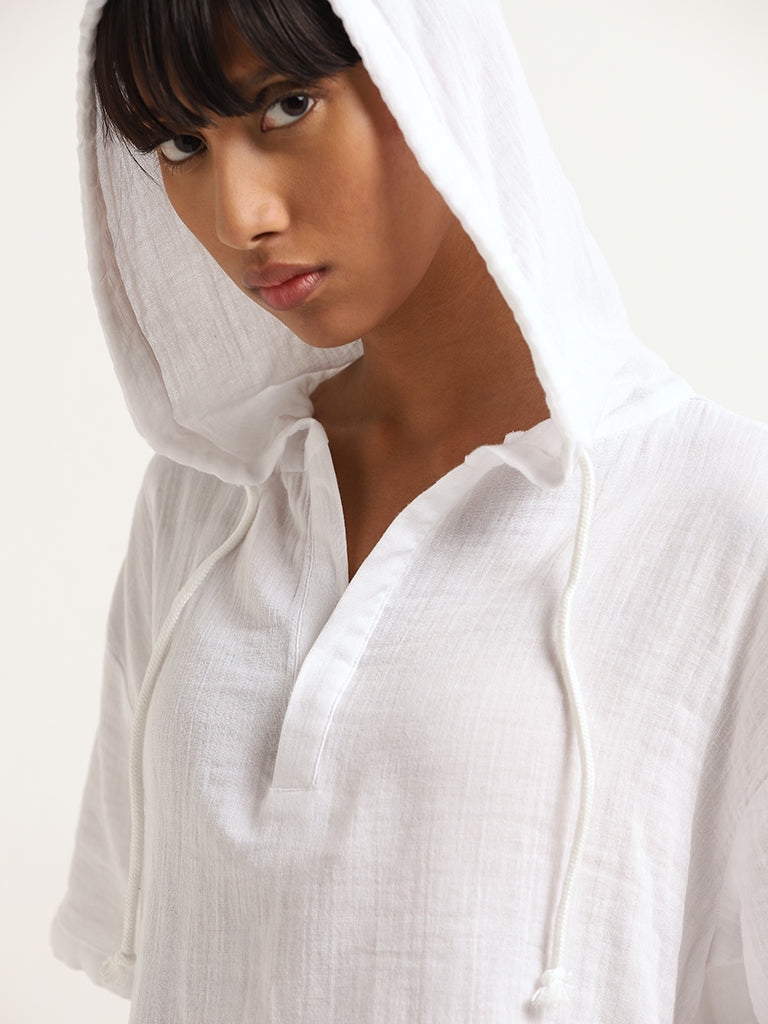 Superstar White Cotton Crinkled Hoodie Top