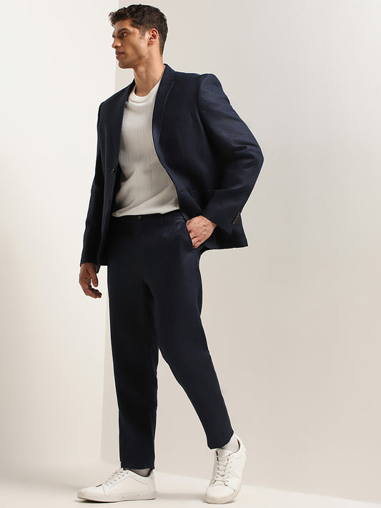 Ascot Solid Navy Mid Rise Relaxed Fit Linen Chinos