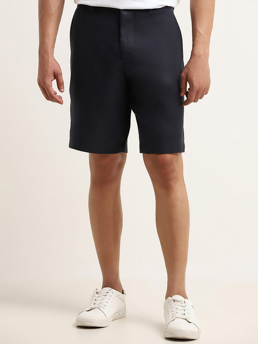 Ascot Solid Navy Mid Rise Relaxed Fit Linen Shorts